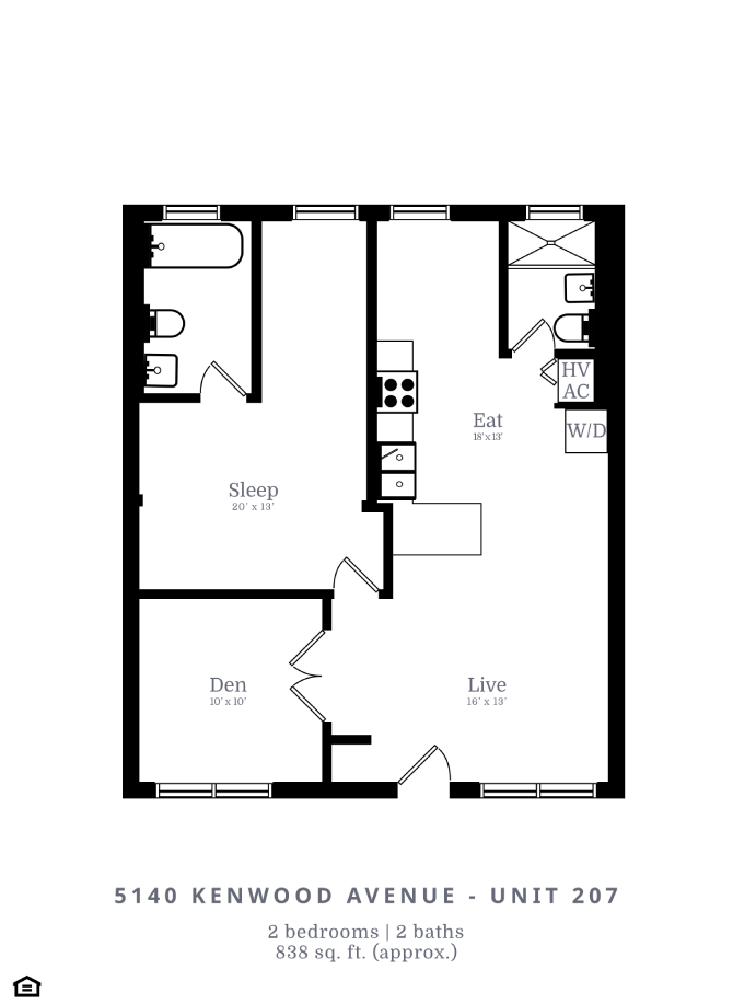 Floor plan for 2 beds, 2 baths, 780 sqft